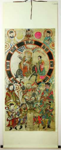 CHINESE TAOIST PAINTING DEPICTING TAOIST EIGHT DIAGRAMS AND IMMORTALS.