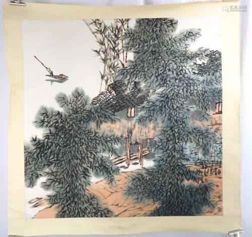 SIGNED HUANG GESHENG(1950-).A INK AND COLOR ON PAPER HANGING PAINTING. H226.