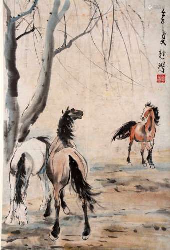 SIGNED XUE BEIHONG (1895-1953). A INK AND COLOR ON PAPER HANGING SCROLL PAINTING. H262.