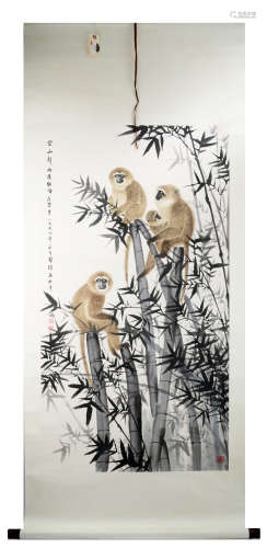 SIGNED FANG CHUXIONG (1950- ). A INK AND COLOR ON PAPER HANGING SCROLL PAINTING. H207.