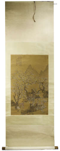 ATTRIBUTED AND SIGNED CHENG MEI (18 TH C.). A INK AND COLOR ON SILK HANGING SCROLL PAINTING. H193.