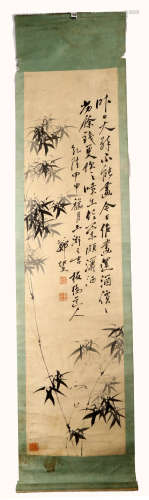 SIGNED ZHENG BANQIAO. A INK AND COLOR ON PAPER HANGING SCROLL PAINTING.H505.