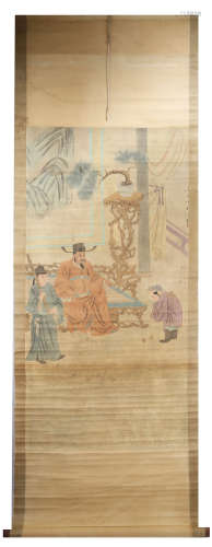 SIGNED GAO XIANG (1688-1753).A INK AND COLOR ON PAPER HANGING SCROLL PAINTING. H203.