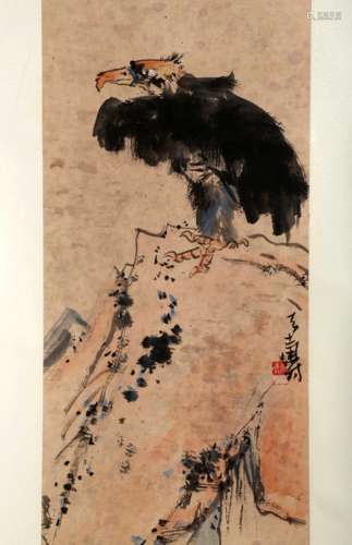 SIGNED PAN TIANSHOU (1897-1971). A INK AND COLOR ON PAPER HANGING SCROLL PAINTING. H274.