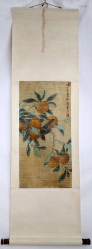 SIGNED CHEN HONGSHOU. A INK AND COLOR ON PAPER HANGING SCROLL.H528.