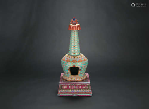 A Chinese Green Ground Famille-Rose Porcelain Tower