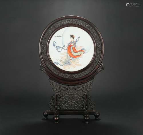 A Chinese Carved Rosewood Frame with Porcelain Plaque Inlaid