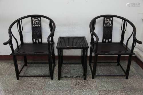 A Pair of Chinese Zitan Chairs with A Tea Table