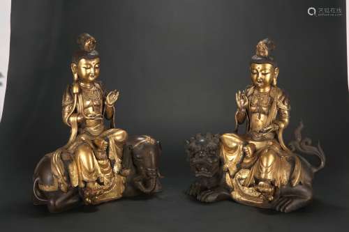 A Pair of Chinese Carved Seated Buddha on Elephants and Lion