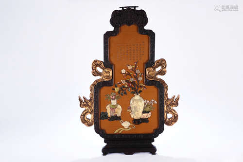 A Chinese Carved Wood Wall Screen with Inlaid