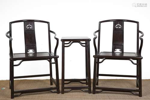 A Pair of Chinese Zitan Chairs with A Tea Table