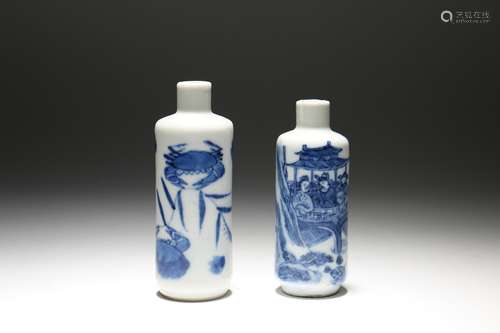 A Set of Two Blue and White Porcelain Snuff Bottle