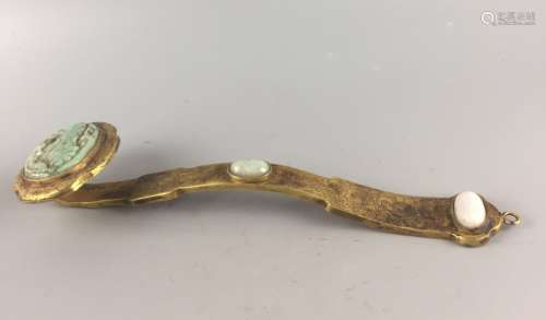 A GILT-BRONZE INLAID WITH JADE SCEPTER