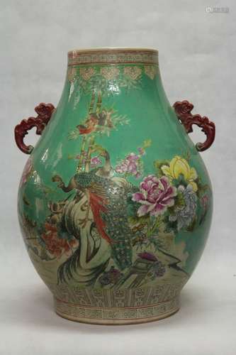 A GREEN-GROUND FAMILLE ROSE VASE