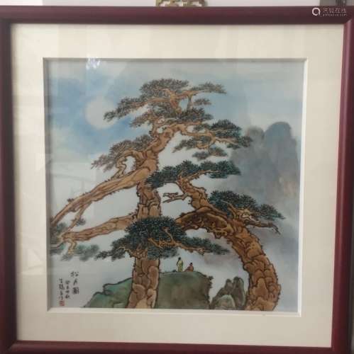 A COLOR `PINE TREE AND MOON` PLAQUE, FRAMED