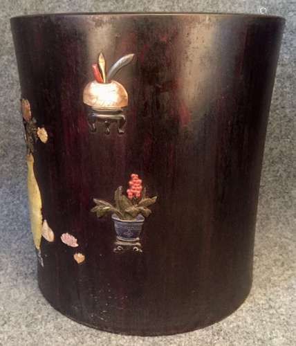 A HARDWOOD INLAID WITH GEM BRUSH POT