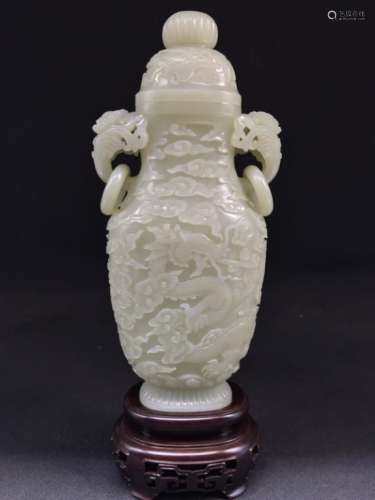A  JADE CARVED FLAT VASE AND COVER