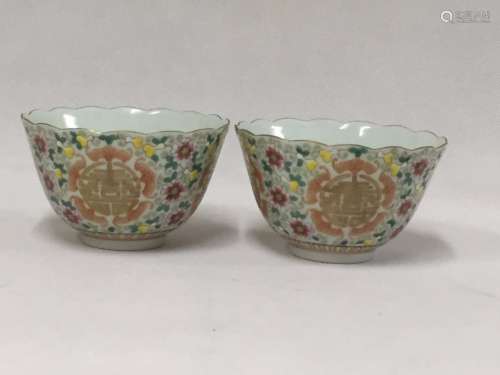 A PAIR OF FAMILLE ROSE `SHOU` CUP