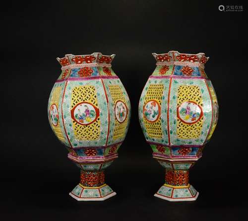 Qianlong Mark, A Pair of Famille Rose Lamp Stands