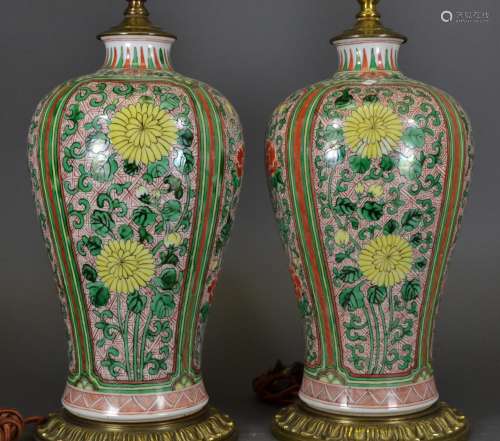 A Pair of Wucai Glazed Lamp Stands