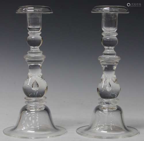 PAIR OF STEUBEN GLASS CANDLESTICKS, 9