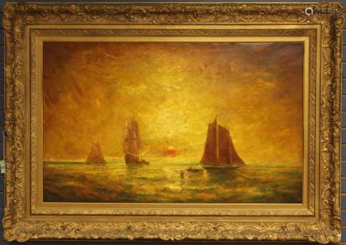 IMPRESSIONIST OIL ON CANVAS OF BOATS AT SEA