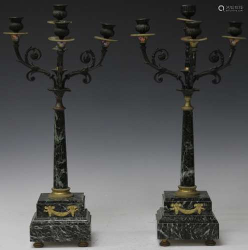 PAIR OF FRENCH EMPIRE GREEN MARBLE CANDELABRAS