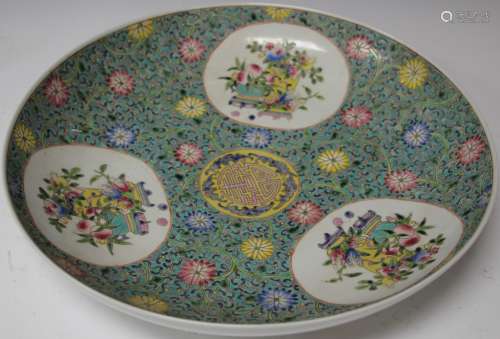 CHINESE PAINTED PORCELAIN CHARGER, W/ SHOU SYMBOL