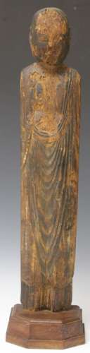 EARLY JAPANESE CARVED WOOD BUDDHA ON STAND