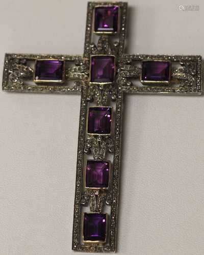 LADY'S ANTIQUE AMETHYST GOLD AND SILVER CROSS