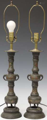 CHINESE CLOISONNE METAL CANDLE STANDS/LAMPS