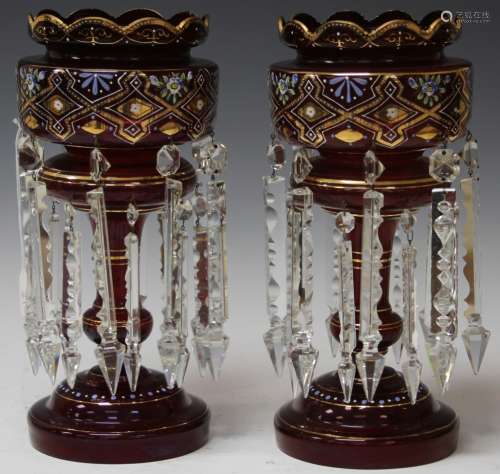 PAIR OF VICTORIAN CRANBERRY & CRYSTAL LUSTRES