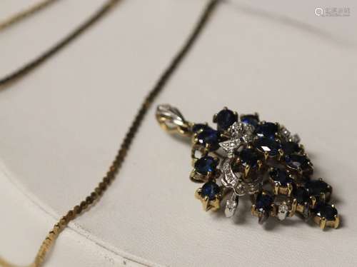 LADY'S DIAMOND AND SAPPHIRE 14KT  PENDANT W/ CHAIN