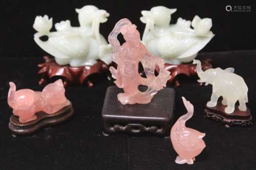 LOT OF (6) CHINESE ROSE QUARTZ AND JADE CARVINGS