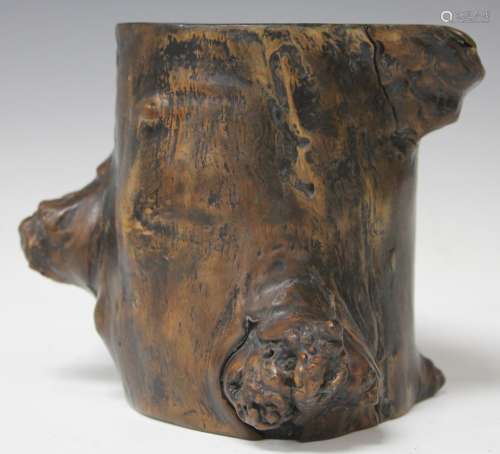 CHINESE CARVED WOOD BRUSH POT, 6 1/4