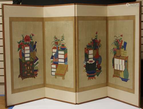 VINTAGE KOREAN PAINTED FOUR PANEL SCREEN