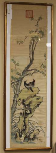 WANG XI JIN, WATERCOLOR OF BIRDS IN GARDEN