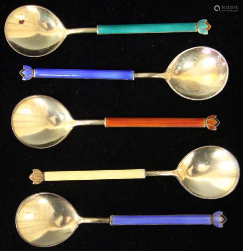 SET OF (5) NORWEGIAN ENAMELED STERLING SPOONS