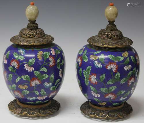 PAIR OF CHINESE CLOISONNE JARS WITH CARVED TOPS