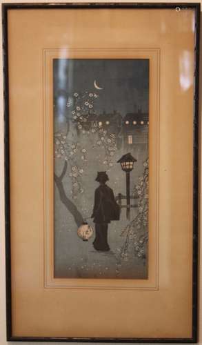 FRAMED JAPANESE WOODBLOCK PRINT OF NIGHTTIME SCENE