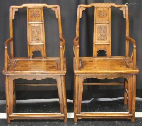 PAIR OF CHINESE CARVED YELLOW ELM CHAIRS