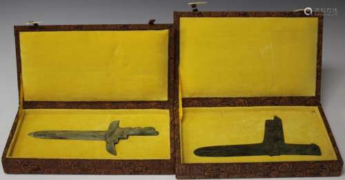 PAIR OF CHINESE CARVED JADE AXE & SWORD, BOXED