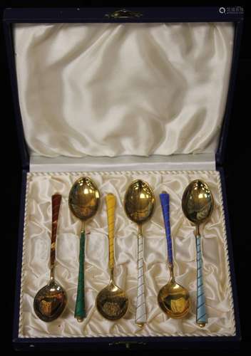 SET OF (6) DANISH ENAMELED STERLING SILVER SPOONS