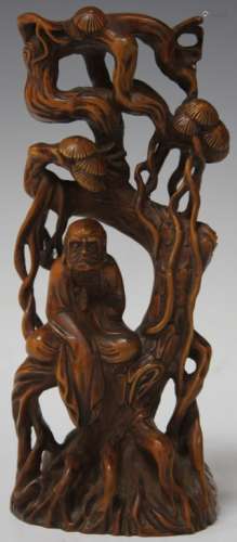 CHINESE CARVED WOOD LOHAN FIGURE, 6 1/2