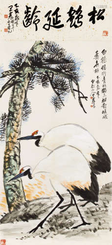 王震（1867～1938） 乙亥（1935）年作 松鹤延龄 立轴 洒金纸本 设色纸本