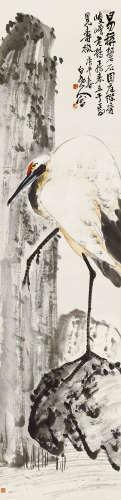 王震（1867～1938） 庚午（1930）年作 仙岩鹤立 立轴 设色纸本