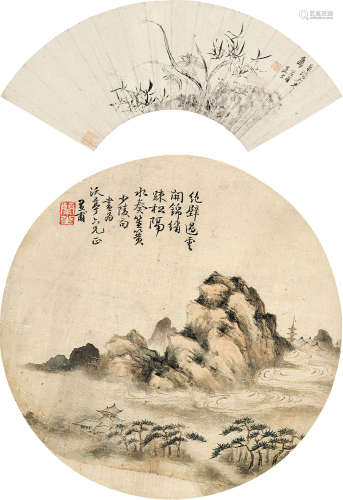 谢兰生（1769～1831） 山水 墨兰 （二幅） 镜心 圆光 扇面 设色绢本 水墨纸本