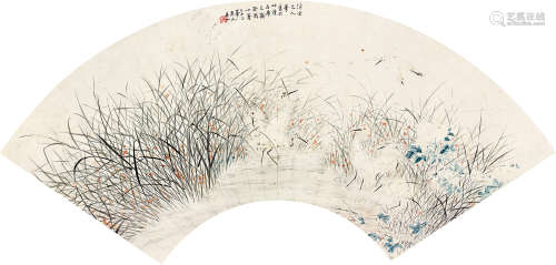 何丹山（1807～1875） 癸酉（1873）年作 苇鹭图 镜心 扇面 设色纸本
