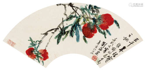 刘海粟（1896～1994） 1982年作 千年桃实 扇面 设色纸本