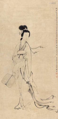 冯忠莲（1918～2001） 1944年作 执扇仕女 立轴 水墨纸本